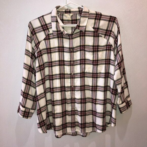 Terra & Sky Womens Plus Size 3X White Burgundy Plaid Long Sleeve Button Up Shirt - Picture 4 of 11
